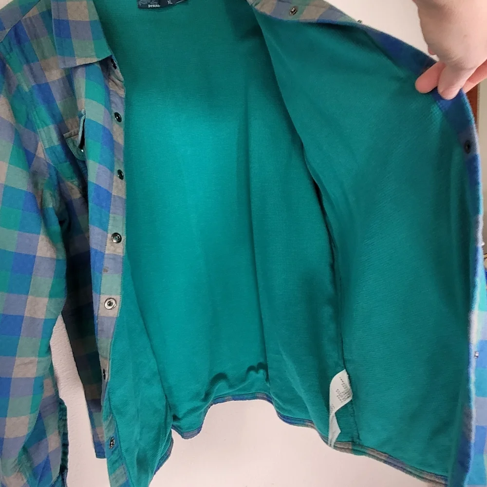 XL Prana Plaid Shacket 100% Organic Cotton Waffle Knit Lining Teal Green & Blue - Picture 10 of 16